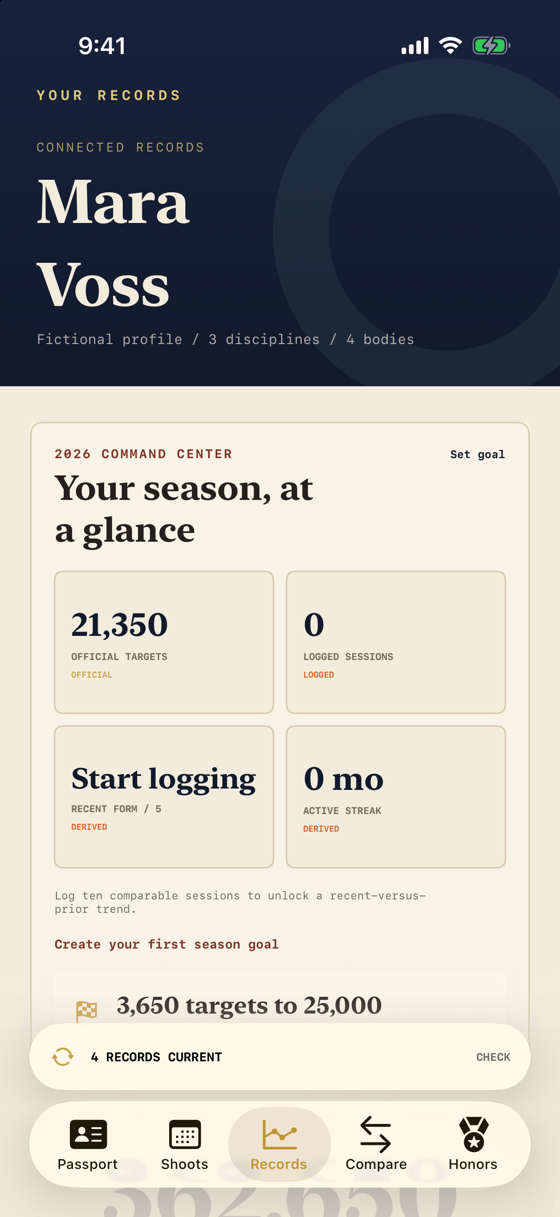 Dusted Records command center showing season progress and career context