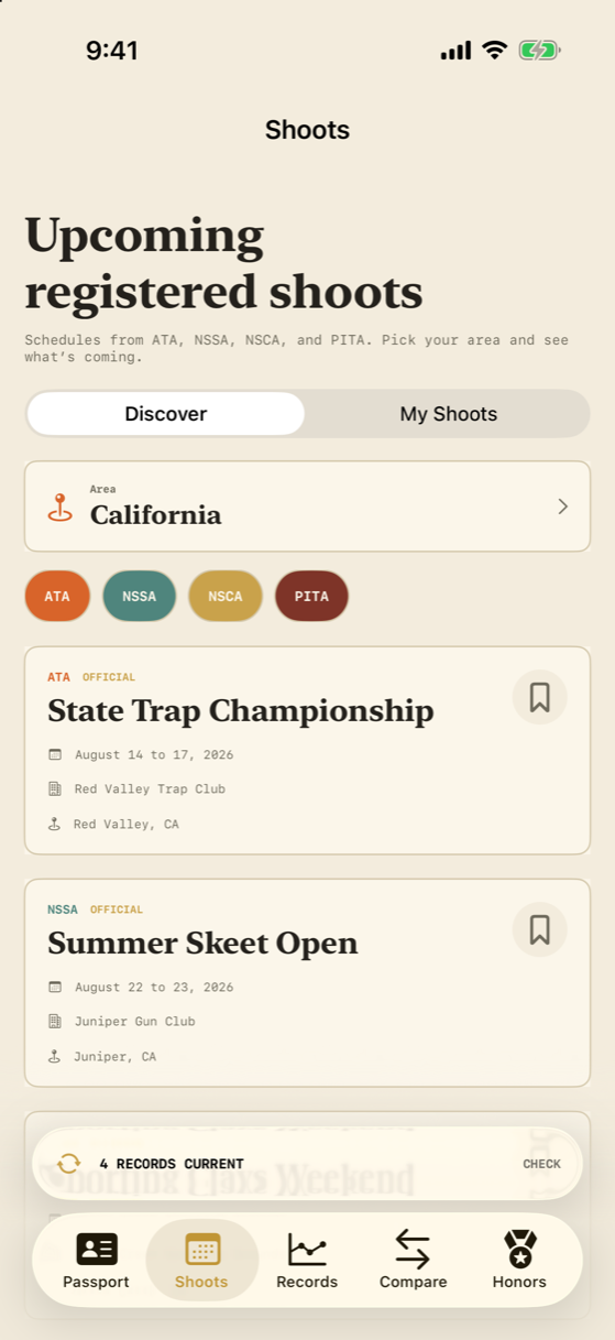 Dusted showing upcoming registered shoots in California
